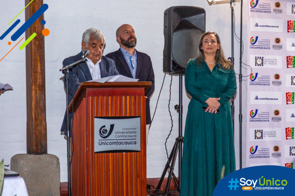 Director de la Caja de Compensación Familiar del Cauca - COMFACAUCA, Dr. Juan Cristóbal Velasco; la Rectora (e) de la Corporación Universitaria Comfacauca - Unicomfacauca, Mg. Claudia Milena García, y el Presidente de la Corporación Gastronómica de Popayán, Enrique Gonzáles Ayerbe. 