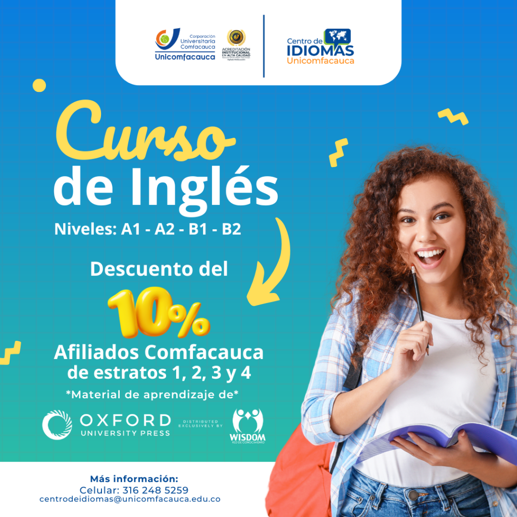 Curso Intensivo de Inglés (300 x 300 px) (1080 x 1080 px) (1) Flyer de nuestros cursos de inglés. Accede a un 10% de descuento si eres afiliado a Comfacauca categoría 1, 2 , 3 o 4.