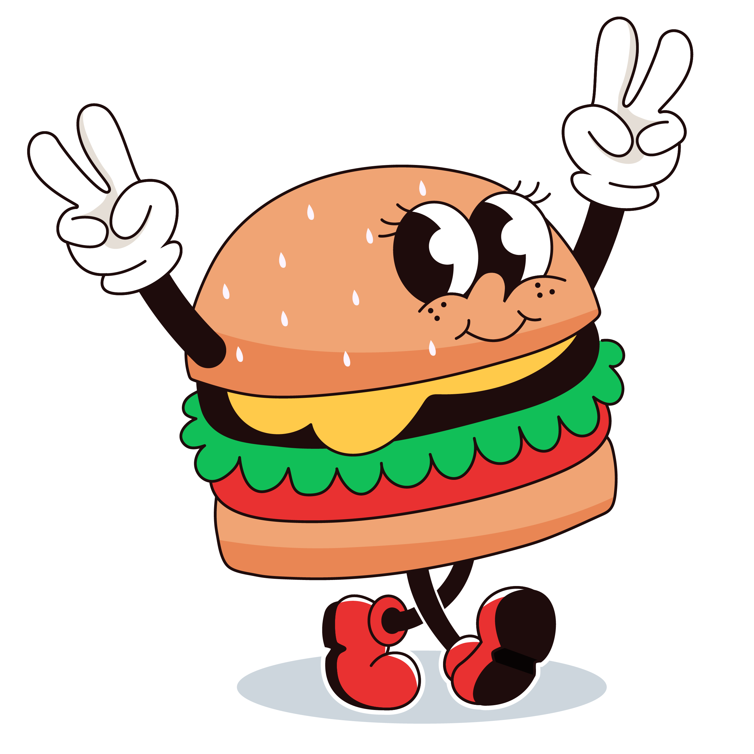 Una hamburguesa con animada alzando lo brazos haciendo el símbolo de la paz.