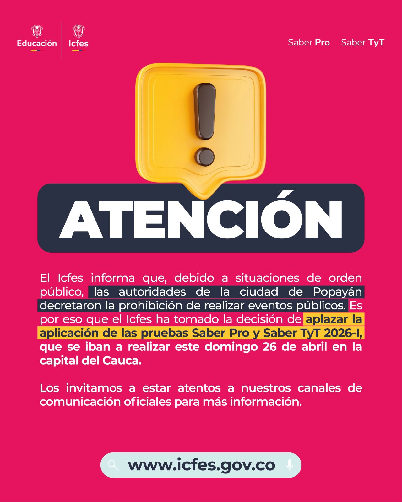 Aplazamiento pruebas SAber Pro y Saber TyT.