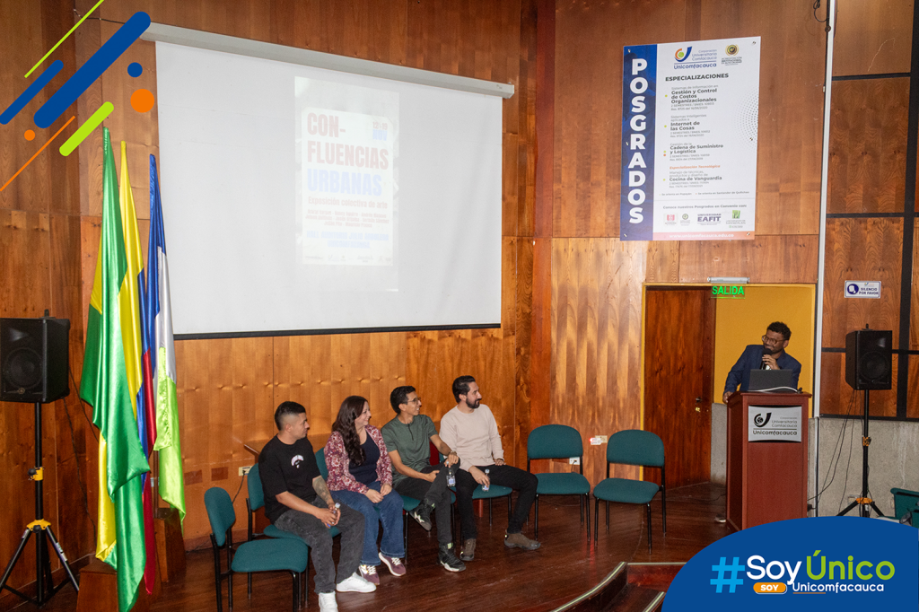 os artistas locales: Ararat Vargas, Nancy Aguirre, Andrés Riascos, Jeison Quilindo, Jesús Grijalba, Germán Sánchez, Julián Pito y Mauricio Franco, realizando un conversatorio en nuestro Auditorio Julio Arboleda.