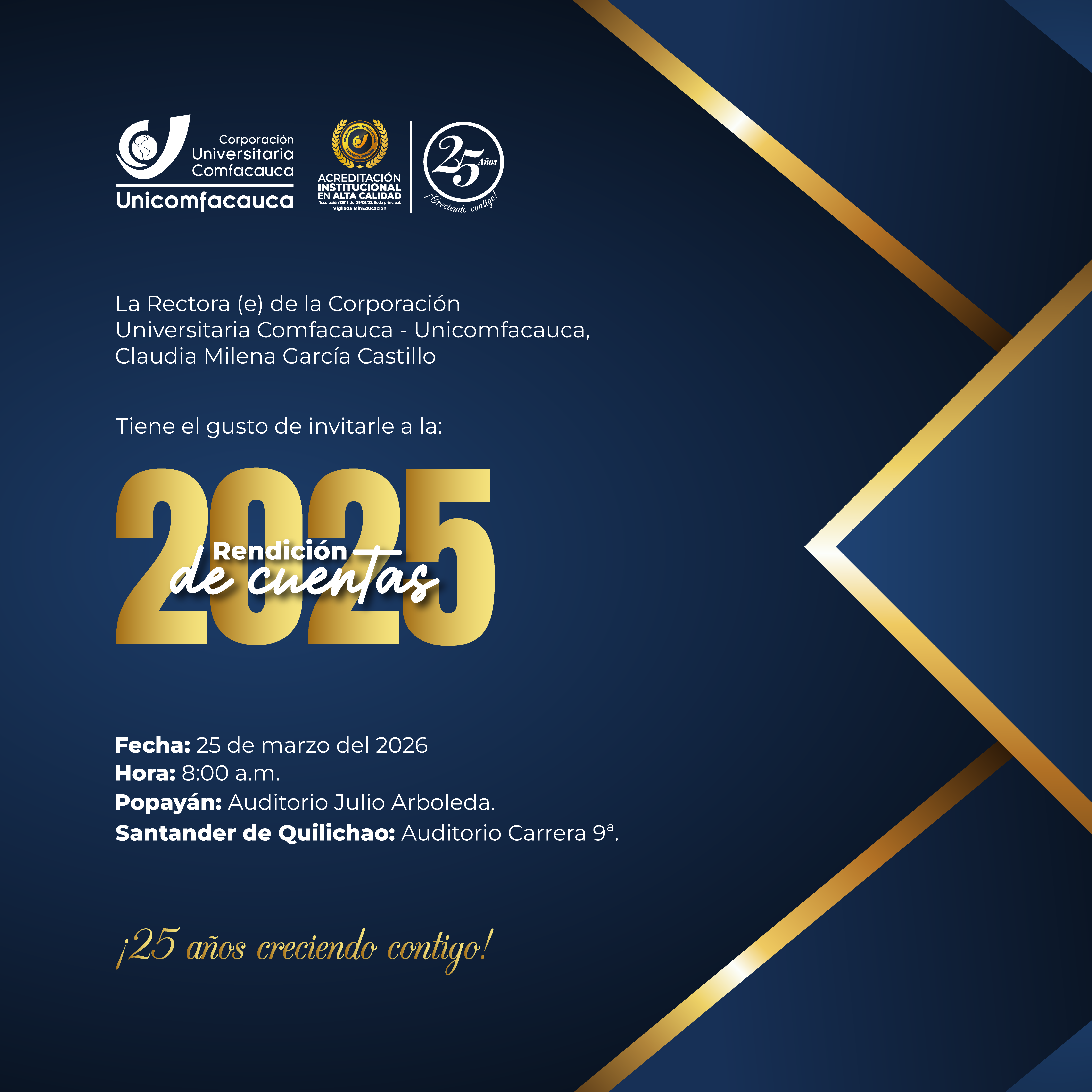 Rendición de Cuentas Vigencia 2025. Se realizará el 25 de marzo de 2026, a las 8:00 a.m. en Popayán y Santander de Quilichao.