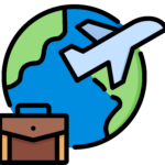 Viaje alrededor del mundo Planeta tierra, con un avion volando más maletin de trabajo