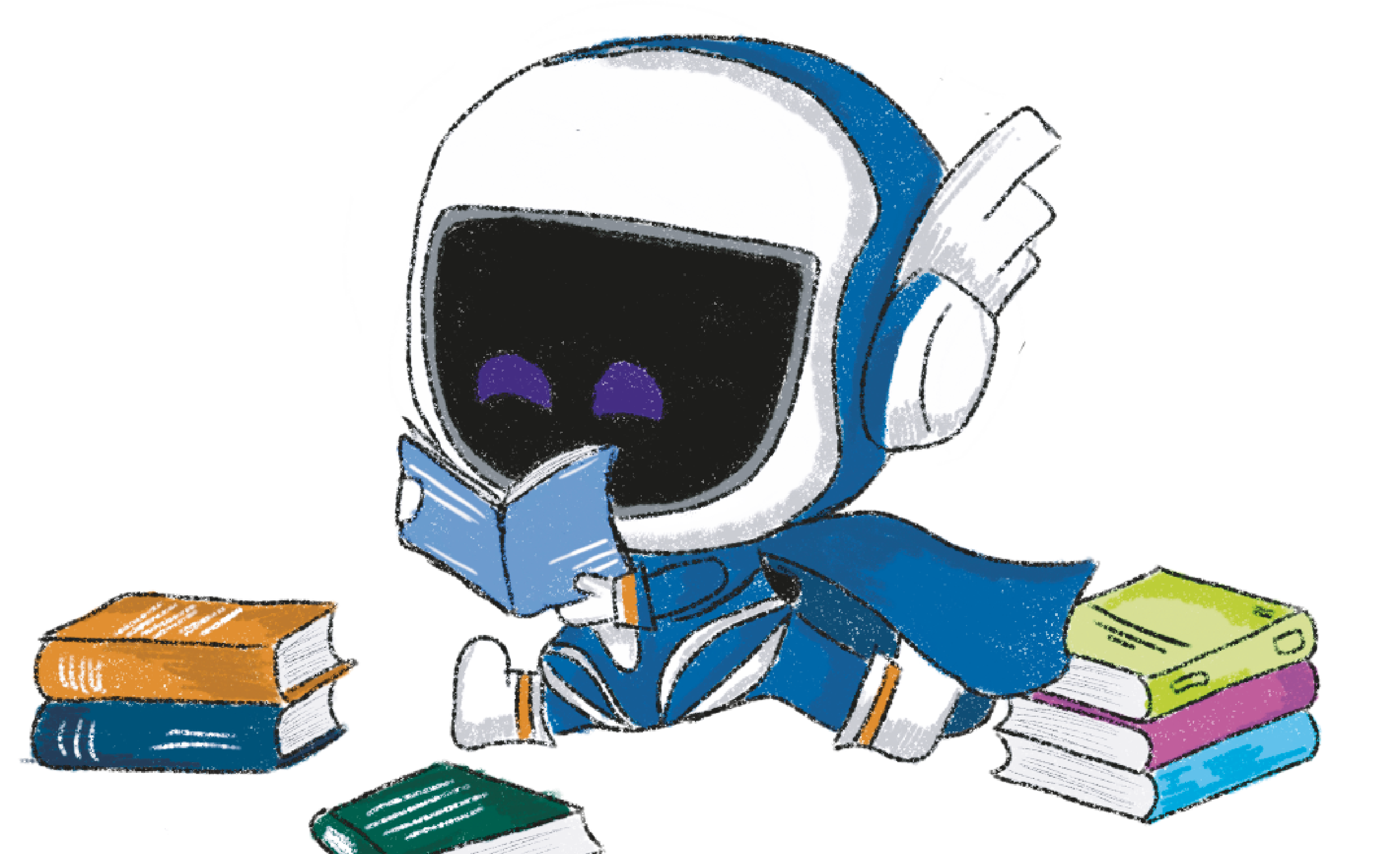 Tuni leyendo un libro y rodeado de varios más